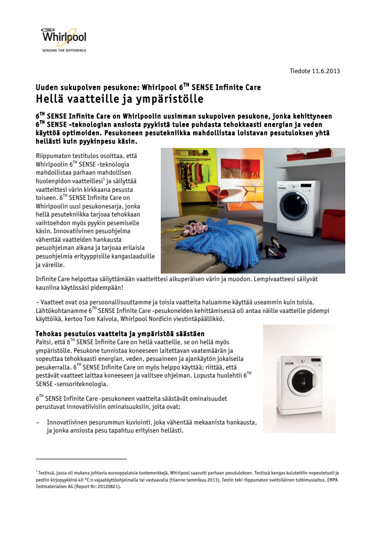 Whirlpool 6TH SENSE Infinite Care: Hellä vaatteille ja ympäristölle