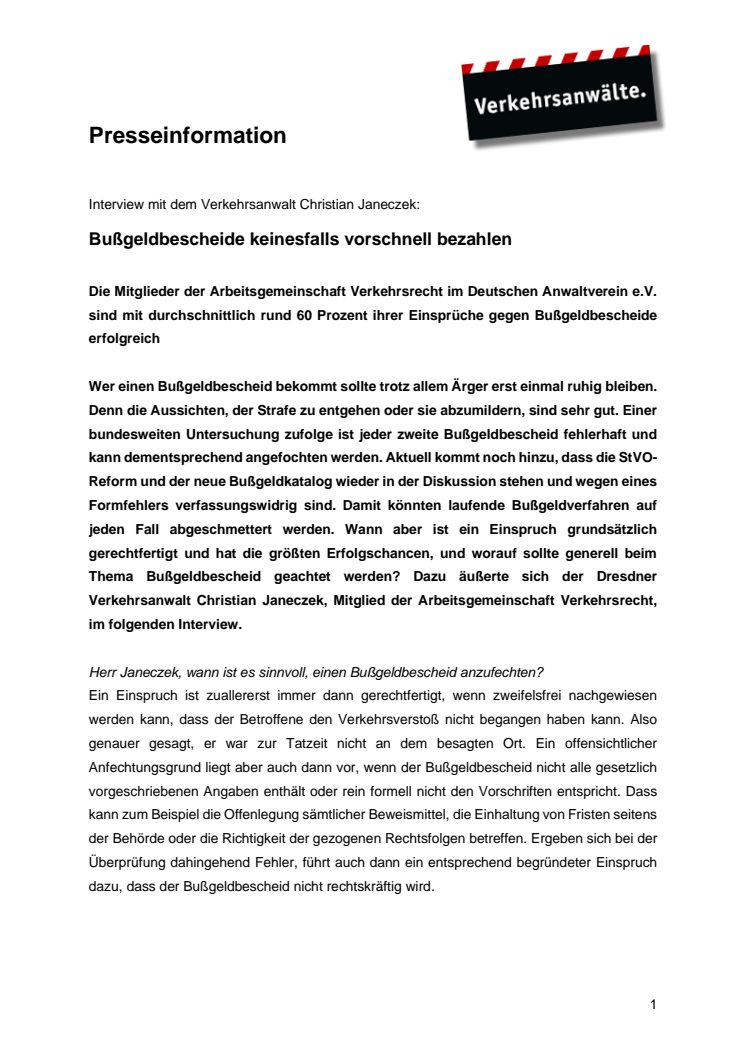 Interview mit dem Verkehrsanwalt Christian Janeczek:  Bußgeldbescheide keinesfalls vorschnell bezahlen