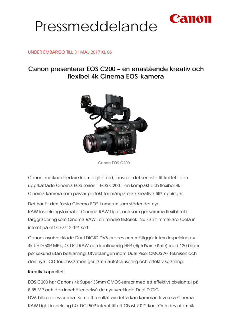 Canon presenterar EOS C200 – en enastående kreativ och flexibel 4k Cinema EOS-kamera