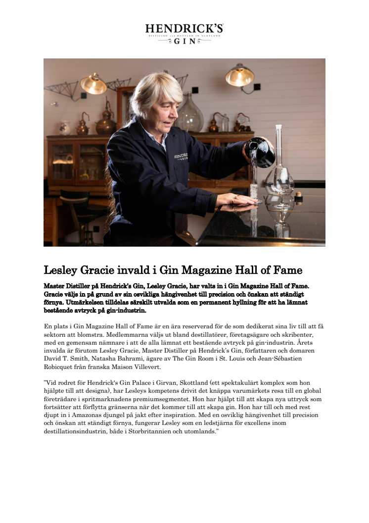 Lesley Gracie invald i Gin Magazine Hall of Fame