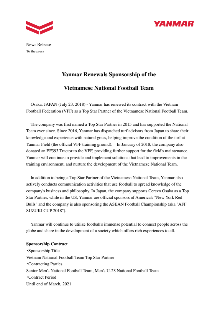 Yanmar Renewals Sponsorship of the Vietnamese National Football Team