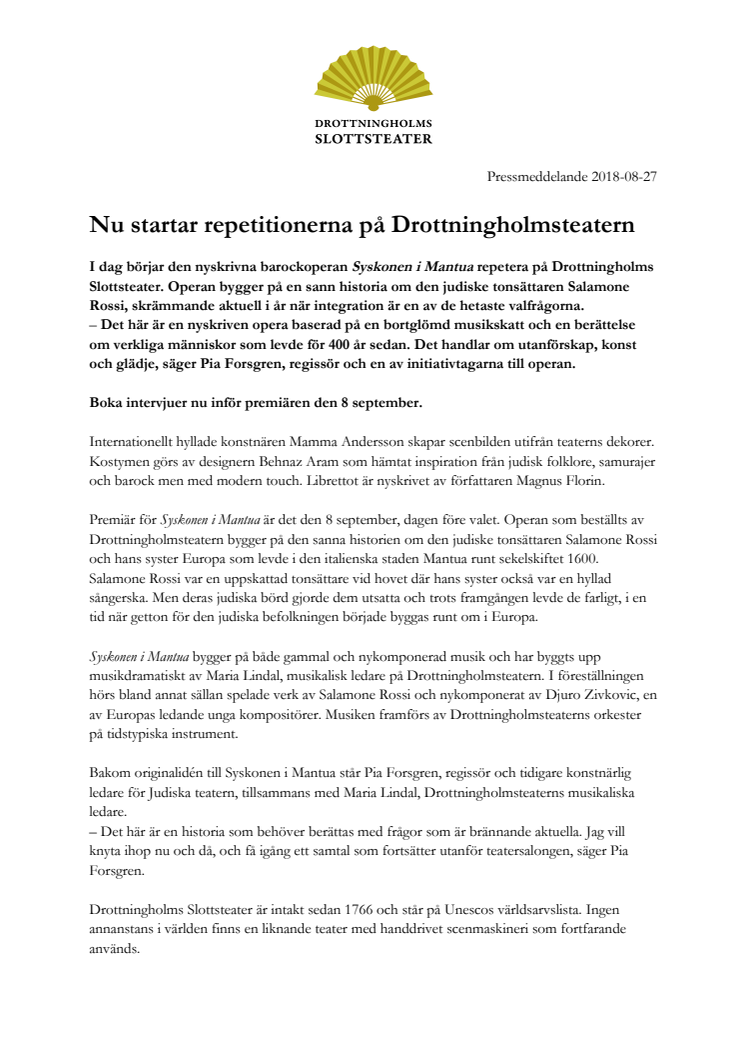 Nu startar repetitionerna på Drottningholmsteatern