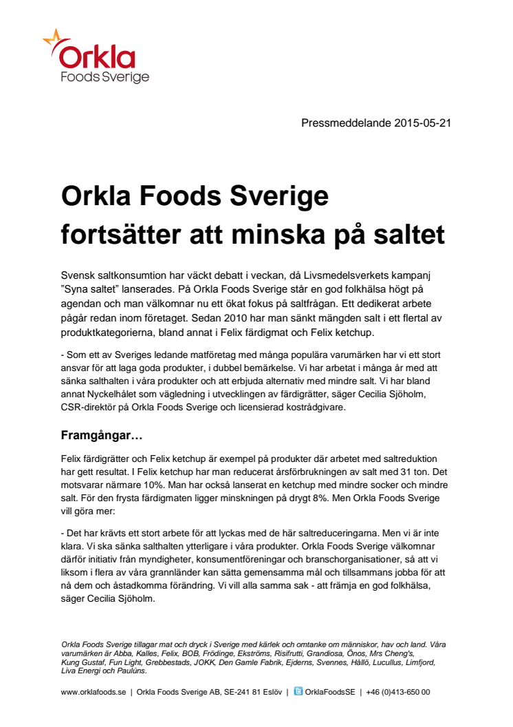 Orkla Foods Sverige fortsätter att minska på saltet