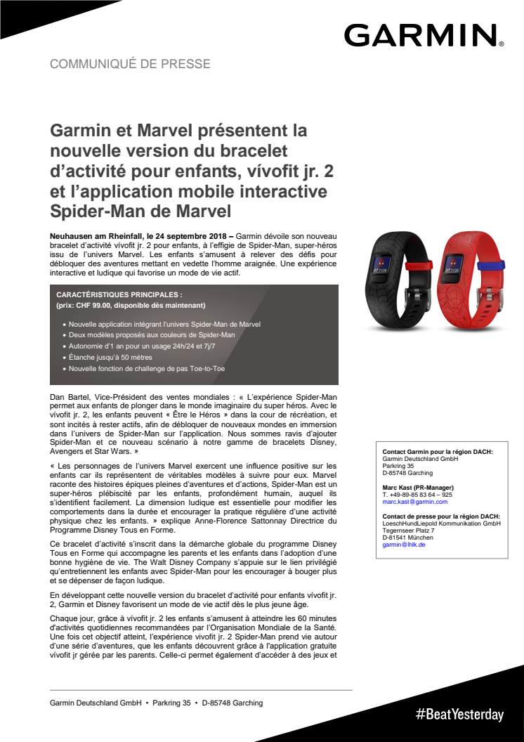 Garmin et Marvel présentent la nouvelle version du bracelet d’activité pour enfants, vívofit jr. 2 et l’application mobile interactive Spider-Man de Marvel