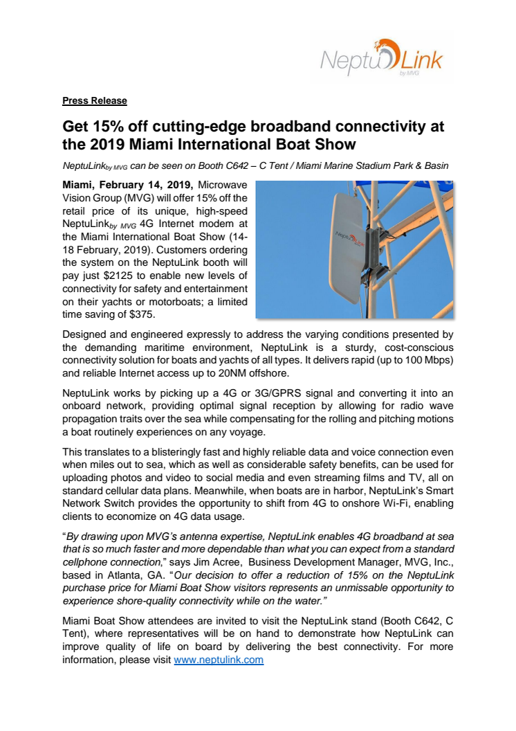 NeptuLink: Get 15% off cutting-edge broadband connectivity at the 2019 Miami International Boat Show