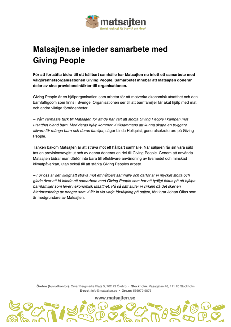 Matsajten.se inleder samarbete med Giving People