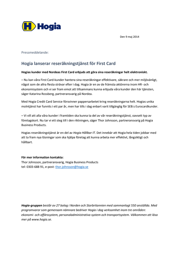 Hogia lanserar reseräkningstjänst för First Card