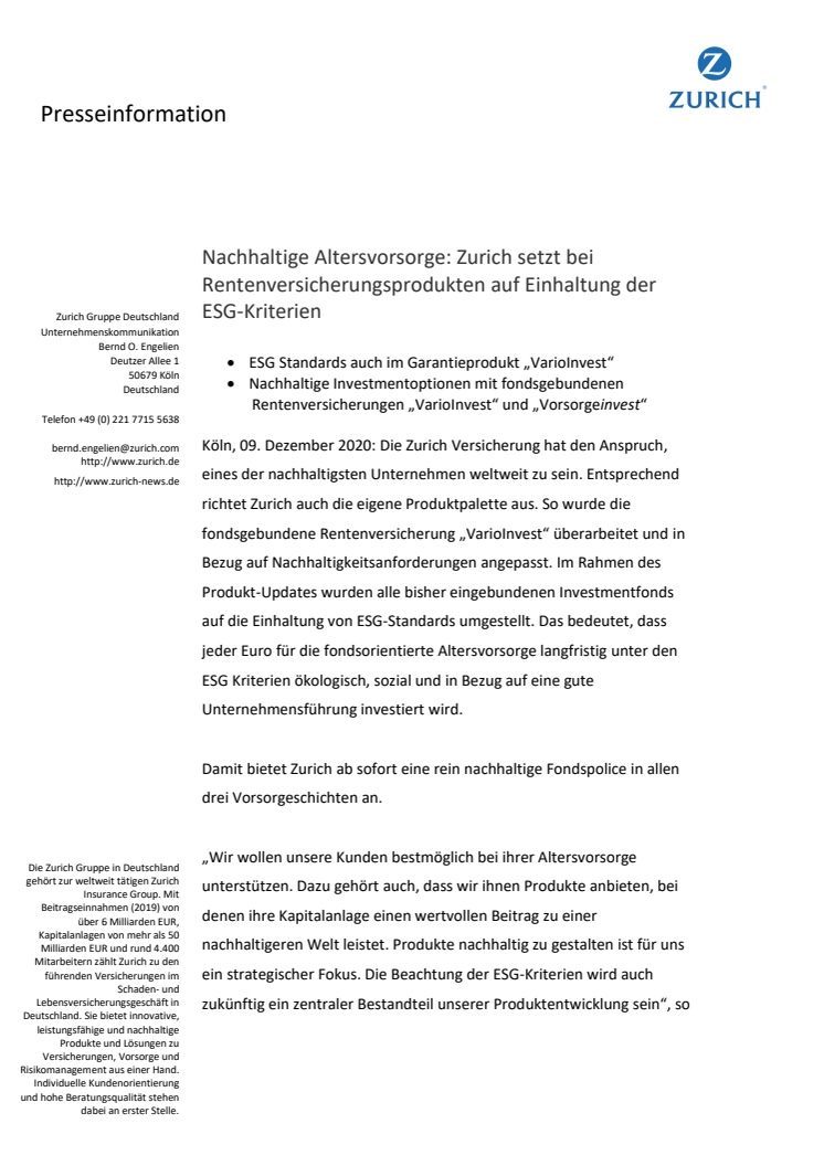 Nachhaltige Altersvorsorge: Zurich setzt bei Rentenversicherungsprodukten auf Einhaltung der ESG-Kriterien 