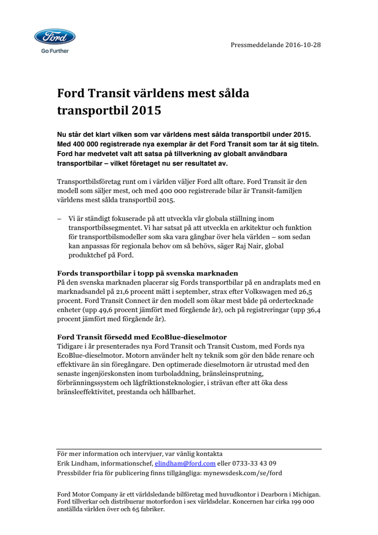 Ford Transit världens mest sålda transportbil 2015