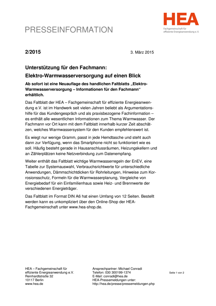 Unterstützung für den Fachmann: Elektro-Warmwasserversorgung auf einen Blick