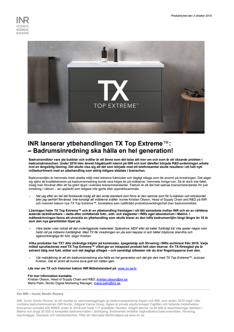 INR lanserar ytbehandlingen TX Top Extreme™:  Badrumsinredning ska hålla en hel generation!