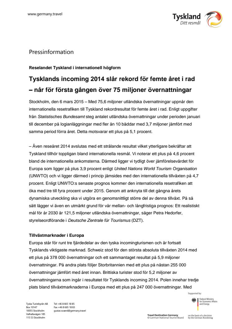 ​Tysklands incoming 2014 slår rekord för femte året i rad och når för första gången över 75 miljoner övernattningar