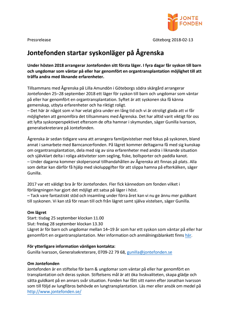 Jontefonden startar syskonläger på Ågrenska