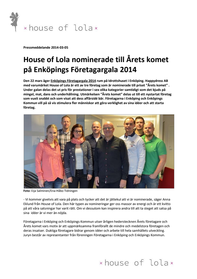 House of Lola nominerade till Årets komet på Enköpings Företagargala 2014