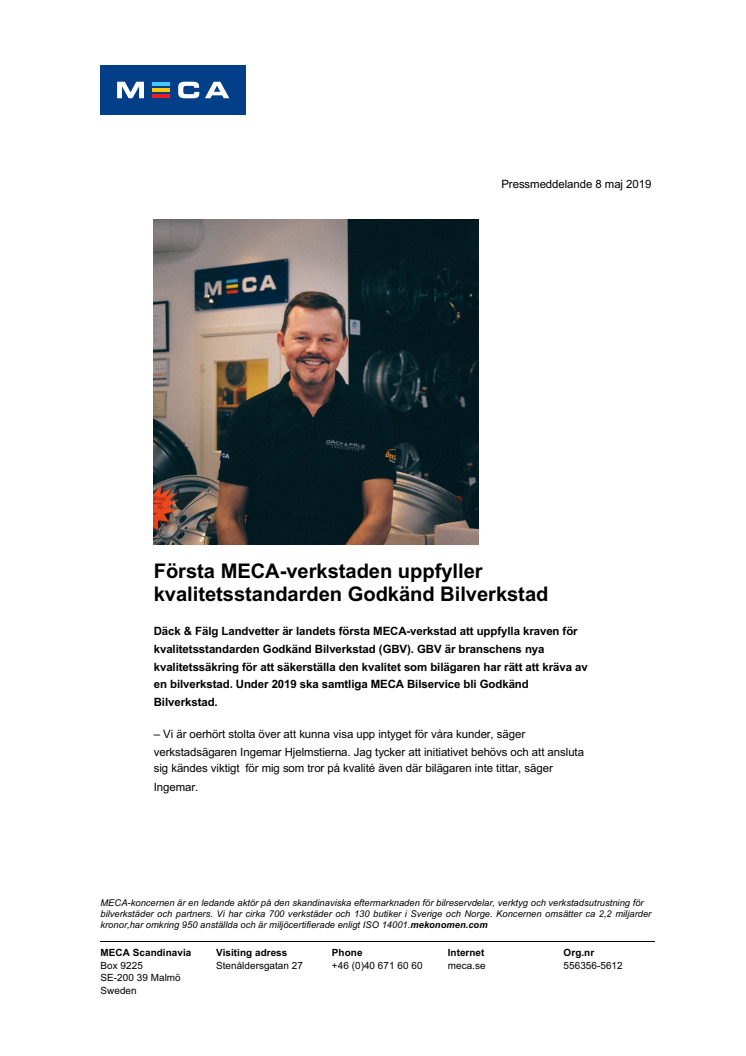 Första MECA-verkstaden uppfyller kvalitetsstandarden Godkänd Bilverkstad