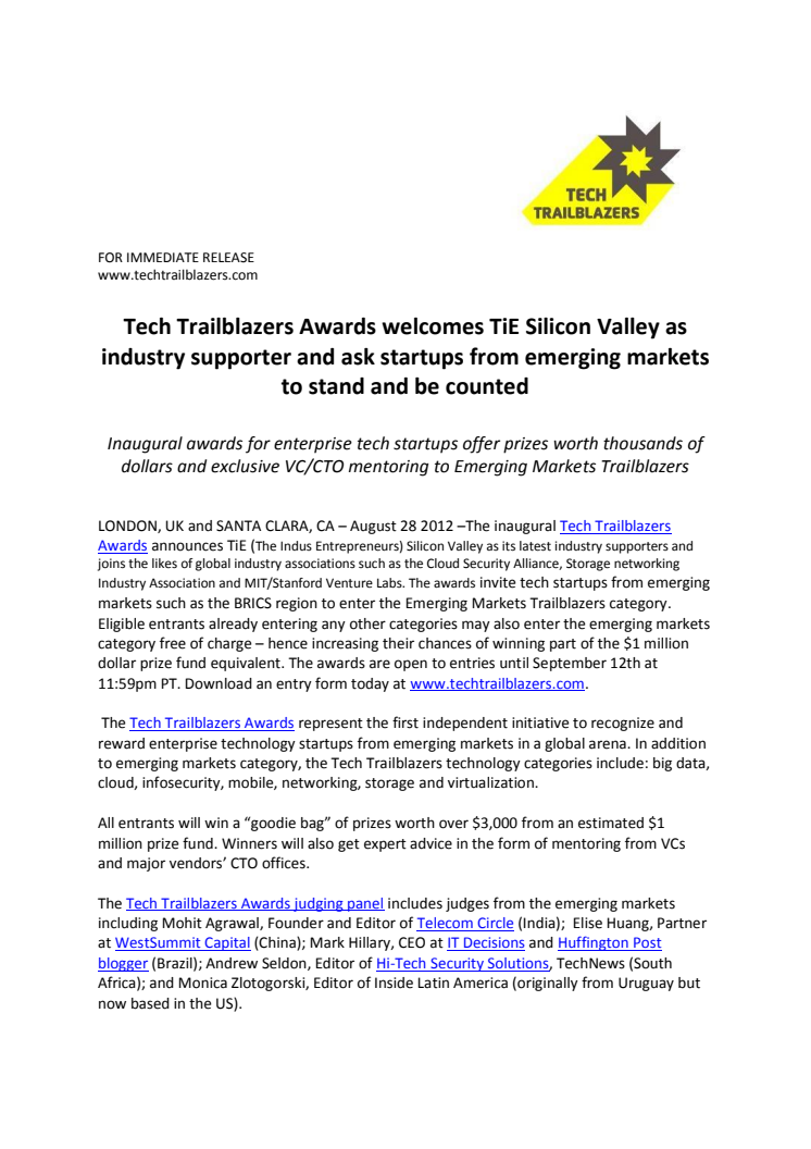 Tech Trailblazers Awards welcomes TiE Silicon Valley as industry supporter and ask startups from emerging markets to stand and be counted