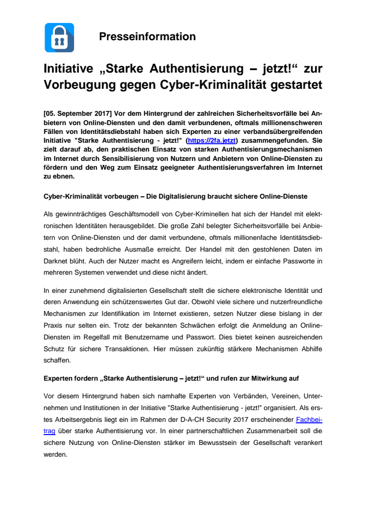 Initiative „Starke Authentisierung – jetzt!“ zur Vorbeugung gegen Cyber-Kriminalität gestartet  