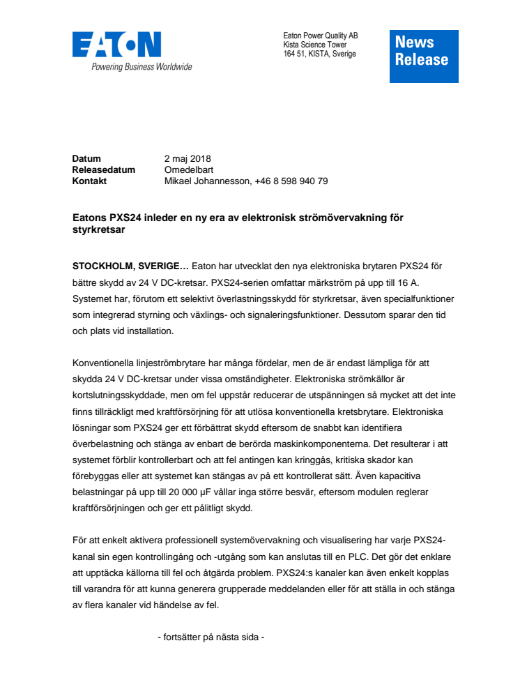 Eatons PXS24 inleder en ny era av elektronisk strömövervakning för styrkretsar 