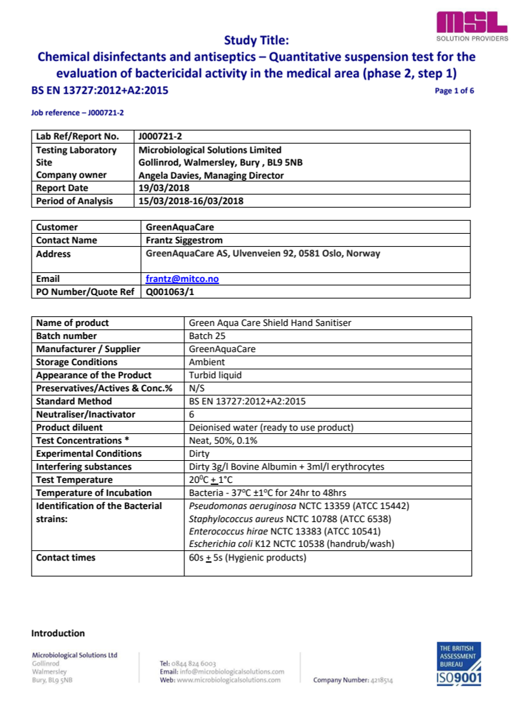 Testrapport Microbiological Solutions LTD: BS EN 13727:2012+A2:2015