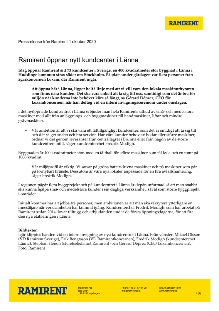 Ramirent öppnar nytt kundcenter i Länna