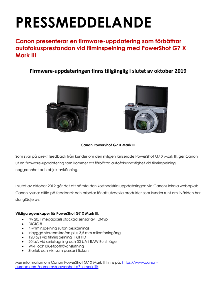 Canon presenterar en firmware-uppdatering som förbättrar autofokusprestandan vid filminspelning med PowerShot G7 X Mark III 