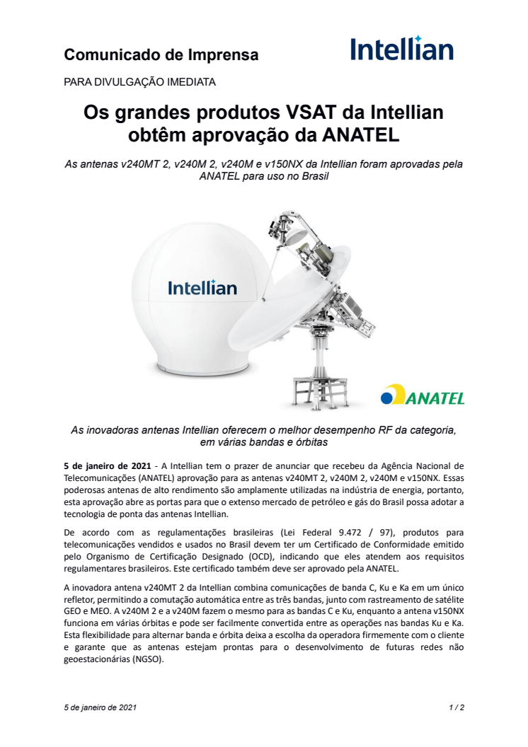 Os grandes produtos VSAT da Intellian obtêm aprovação da ANATEL