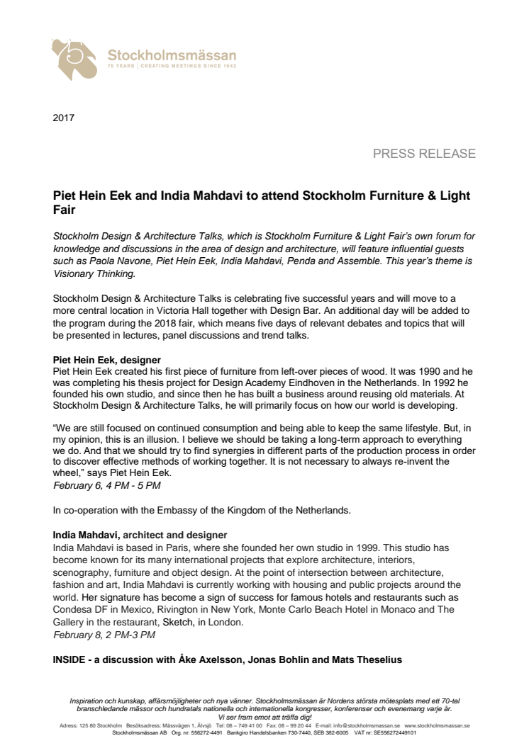 Piet Hein Eek and India Mahdavi to attend Stockholm Furniture & Light Fair 