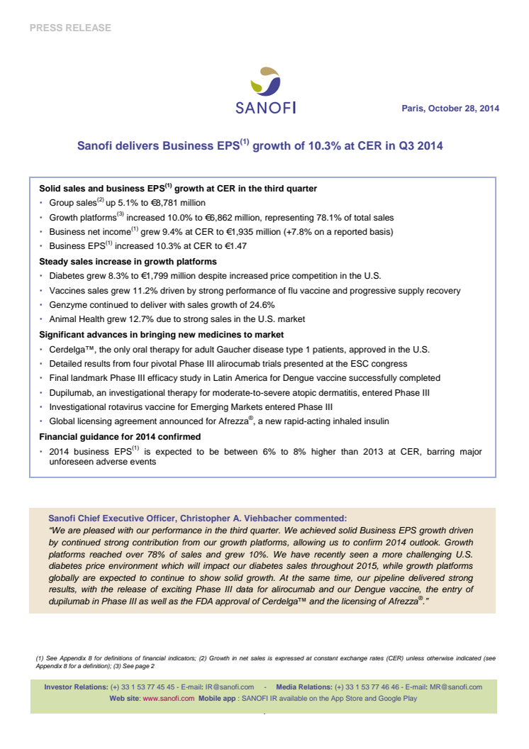 Sanofi delivers Business EPS growth of 10.3% at CER in Q3 2014