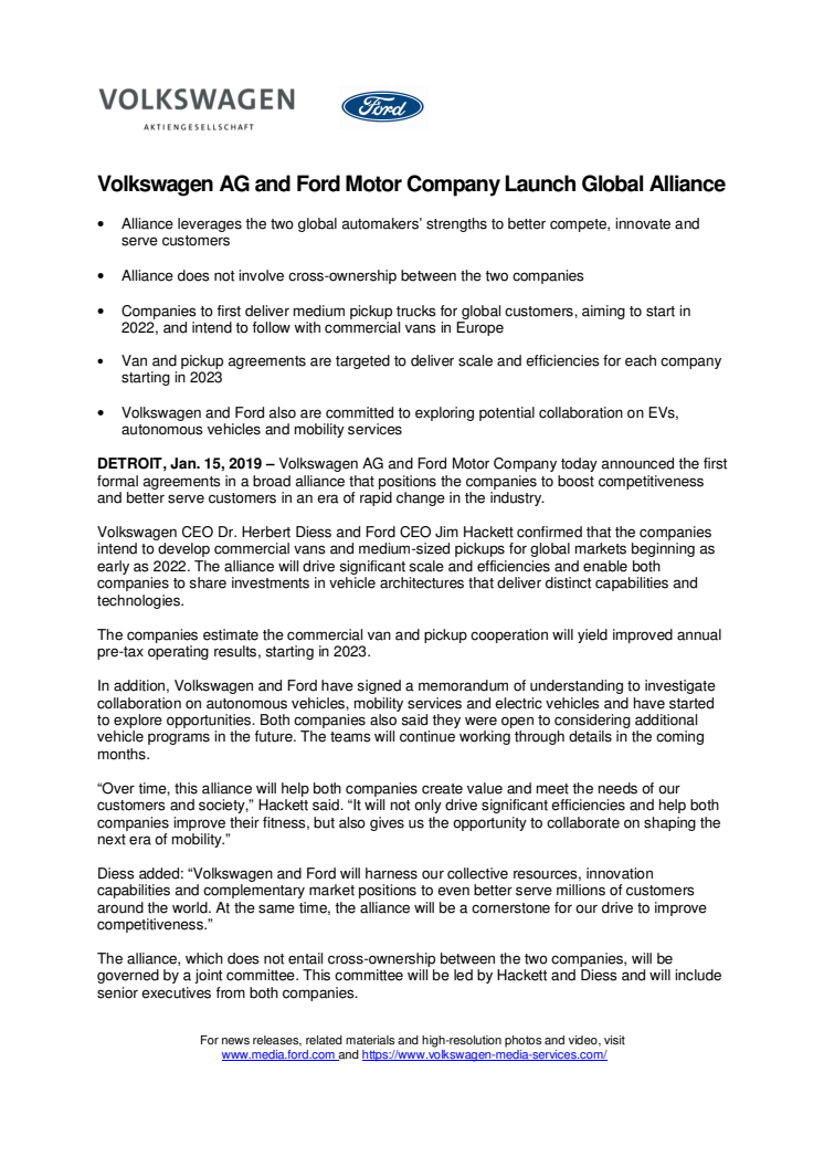 Volkswagen AG and Ford Motor Company Launch Global Alliance