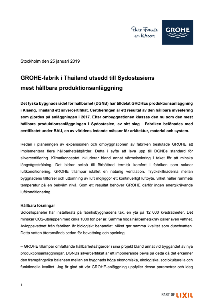 GROHE-fabrik i Thailand utsedd till Sydostasiens  mest hållbara produktionsanläggning 