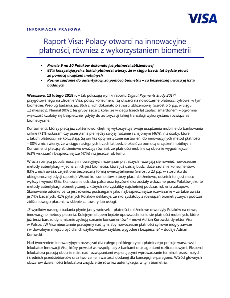 Raport Visa: Polacy otwarci na innowacyjne płatności, również z wykorzystaniem biometrii