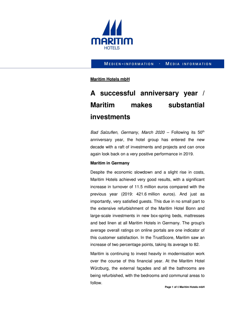 A successful anniversary year / Maritim makes substantial investments  