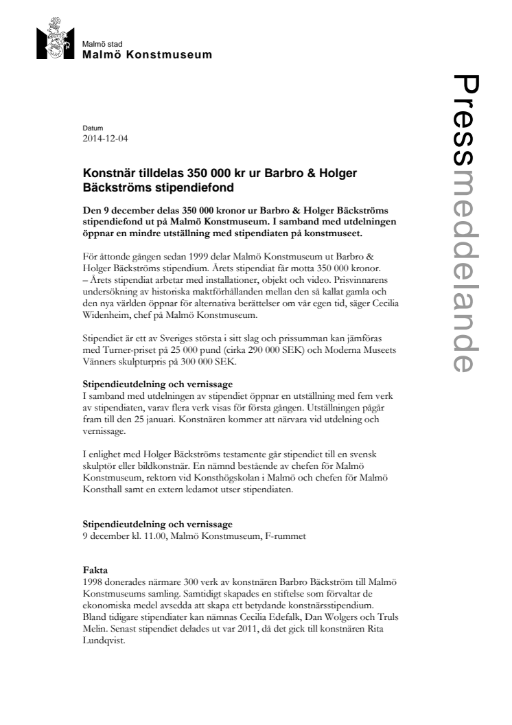 ​Konstnär tilldelas 350 000 ur Barbro & Holger Bäckströms stipendiefond