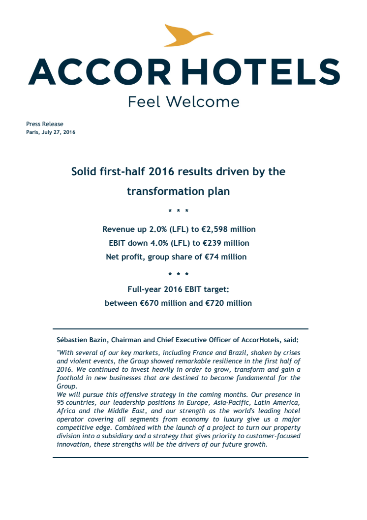 AccorHotels half year results 2016