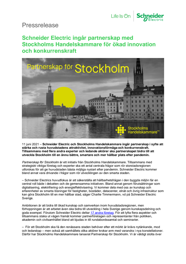Schneider Electric ingår partnerskap med Stockholms Handelskammare för ökad innovation och konkurrenskraft