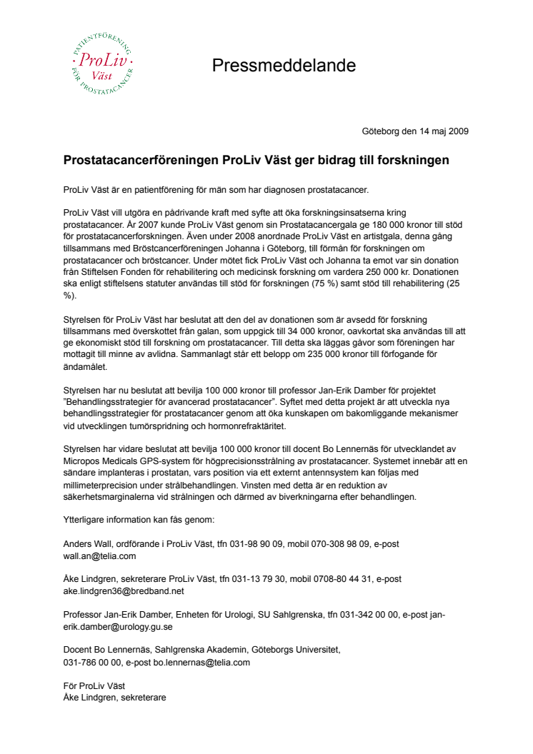 Prostatacancerföreningen ProLiv Väst ger bidrag till forskningen