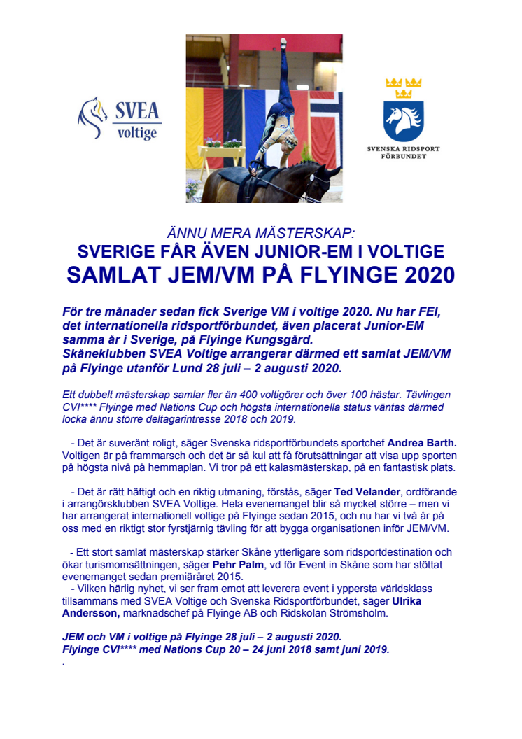 Sverige får junior-EM i voltige - Samlat JEM/VM på Flyinge 2020