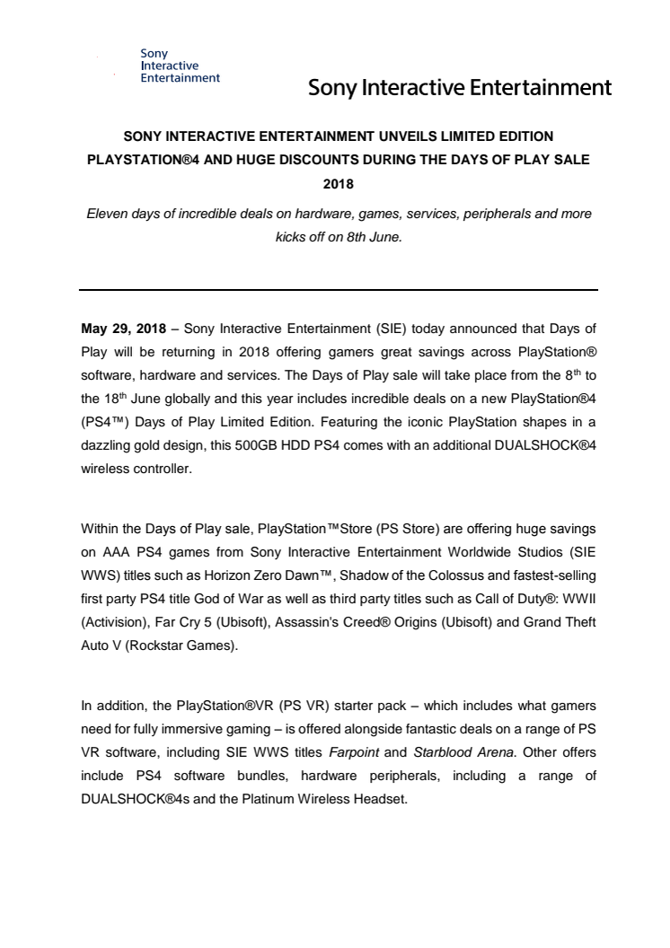 ​Sony Interactive Entertainment presenterar Days of Play 2018 – ger ut limiterad PlayStation®4-konsol och erbjuder enorma rabatter med start 8 juni
