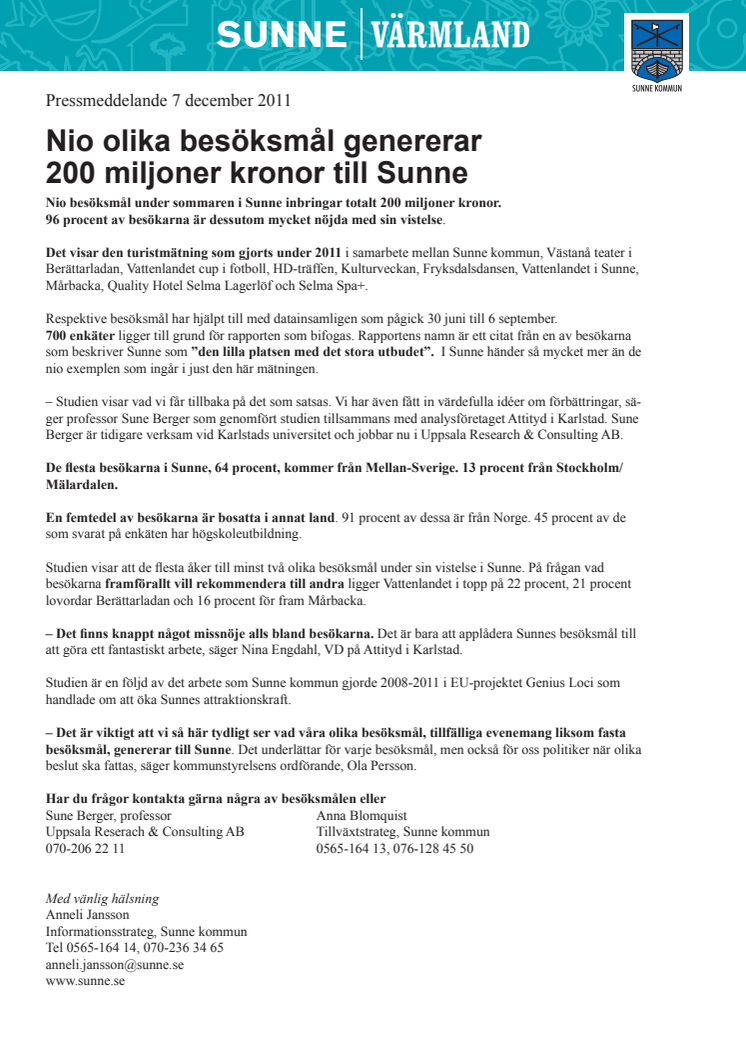 Nio olika besökmål genererar 200 miljoner kronor till Sunne