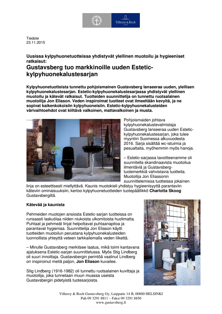Uutuus 2016 - Gustavsberg tuo markkinoille uuden Estetic-kylpyhuonekalustesarjan