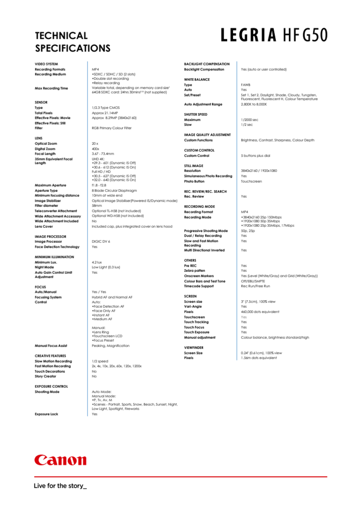 LEGRIA HF G50 Spec Sheet