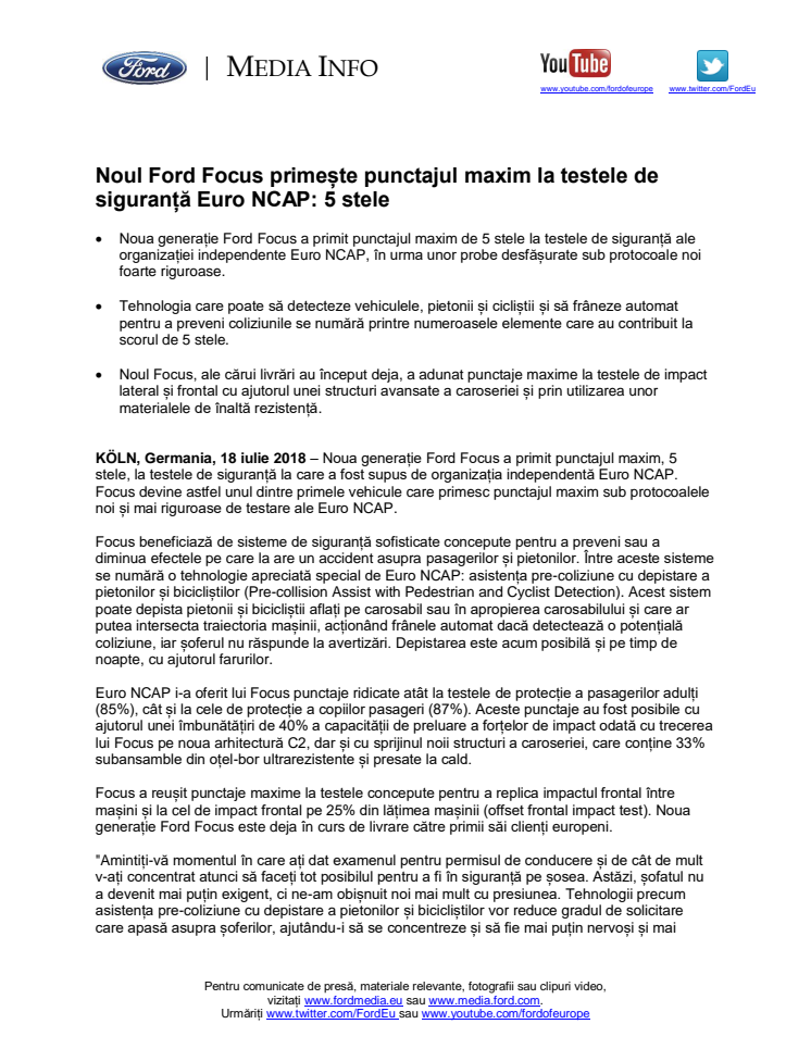 Noul Ford Focus primește punctajul maxim la testele de siguranță Euro NCAP: 5 stele