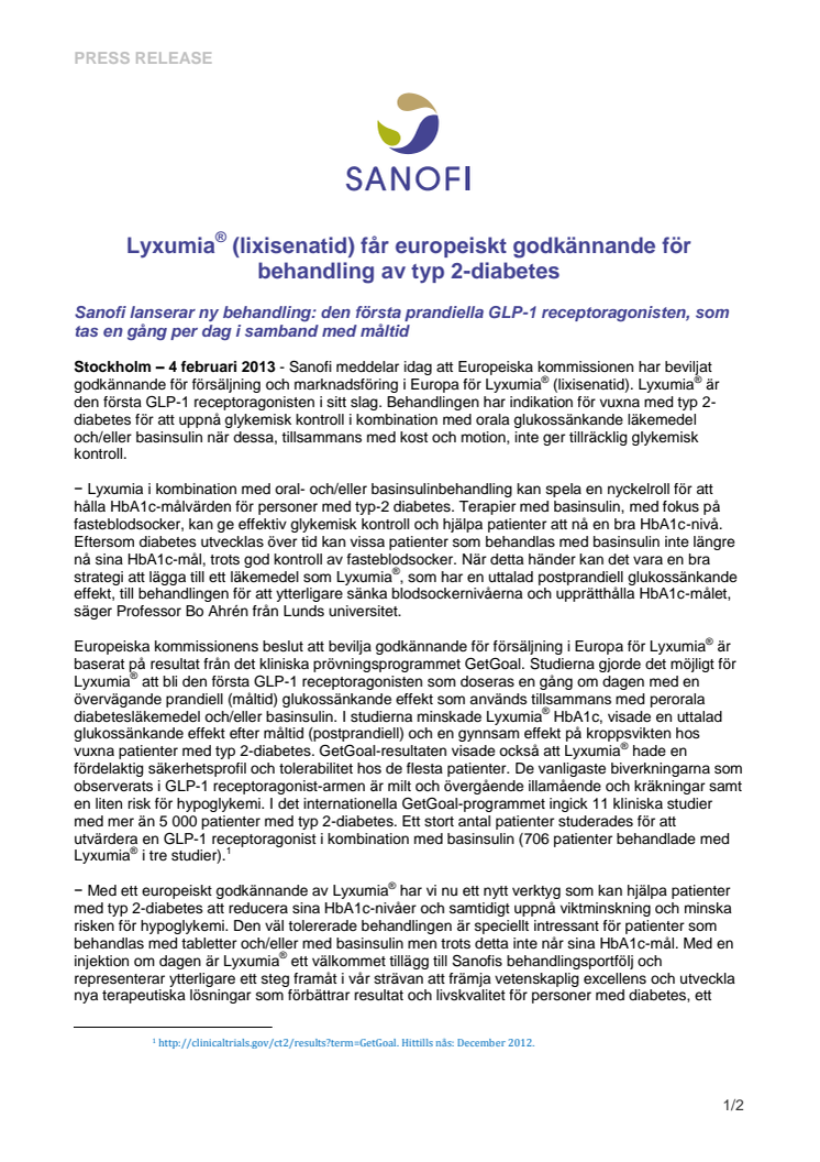 Lyxumia® (lixisenatid) får europeiskt godkännande för behandling av typ 2-diabetes