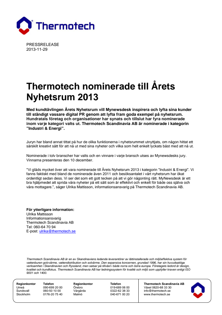 Thermotech Nominerade till Årets Nyhetsrum 2013