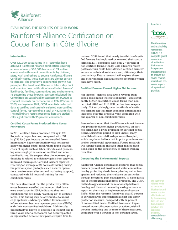Rainforest Alliance-certifieringens effekt hos kakaoodlare i Elfenbenskusten 