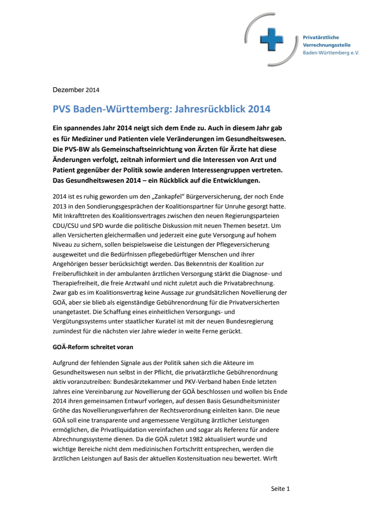 PVS Baden-Württemberg: Jahresrückblick 2014 