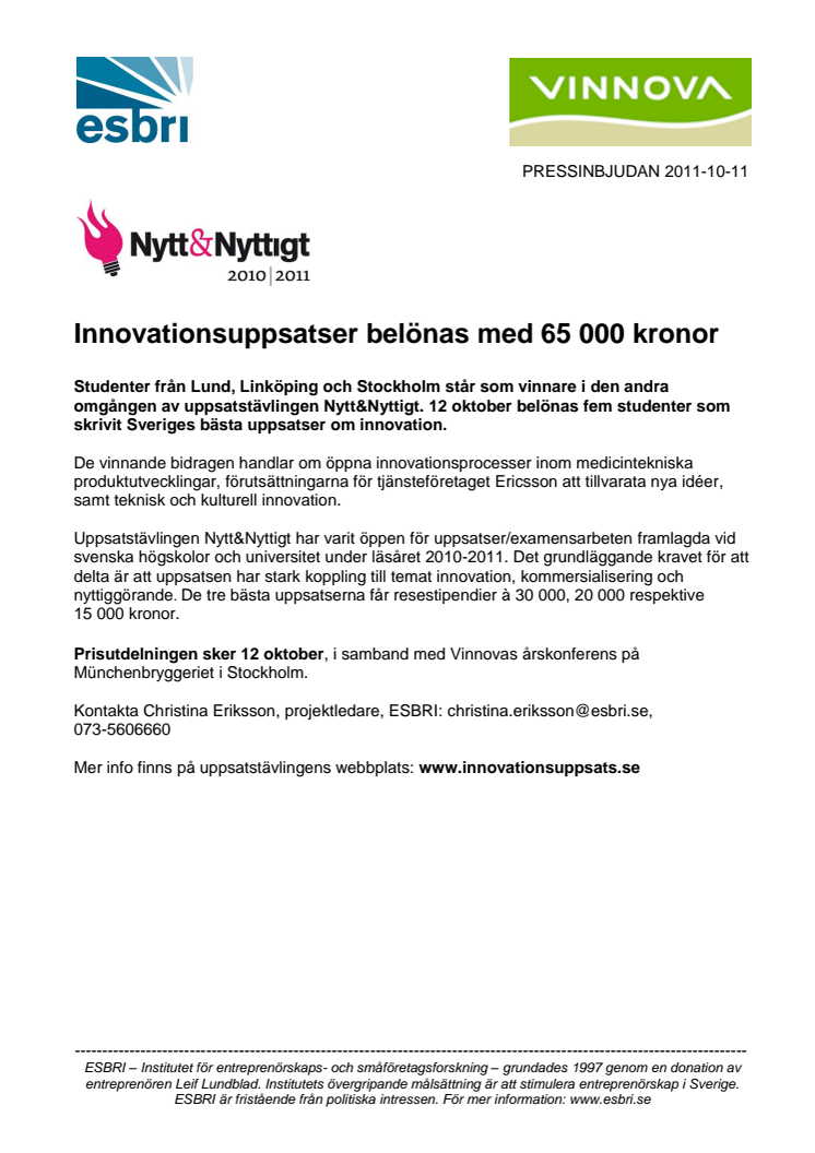 Innovationsuppsatser belönas med 65 000 kronor