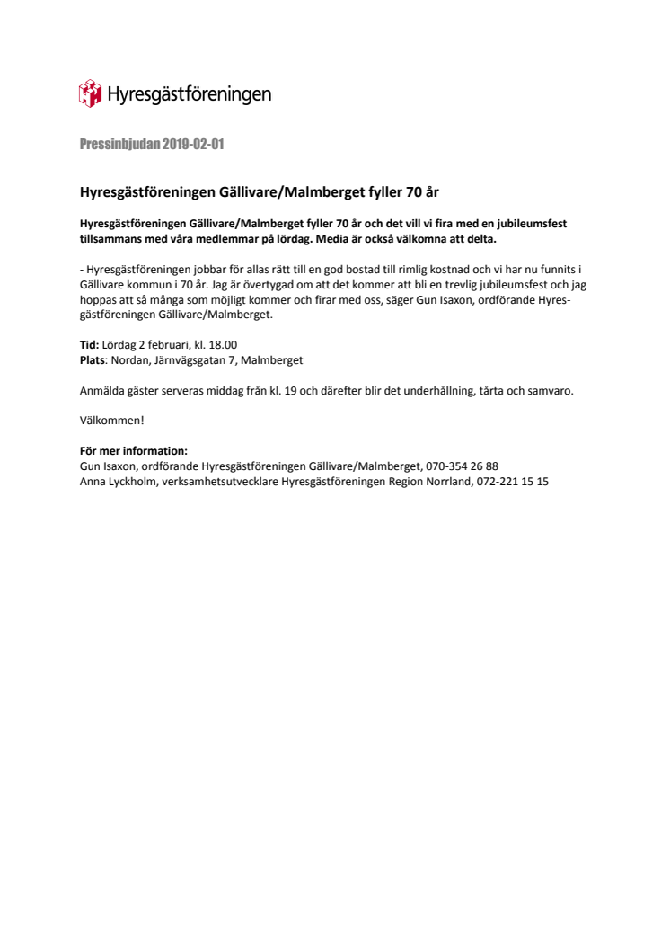 Hyresgästföreningen Gällivare/Malmberget fyller 70 år