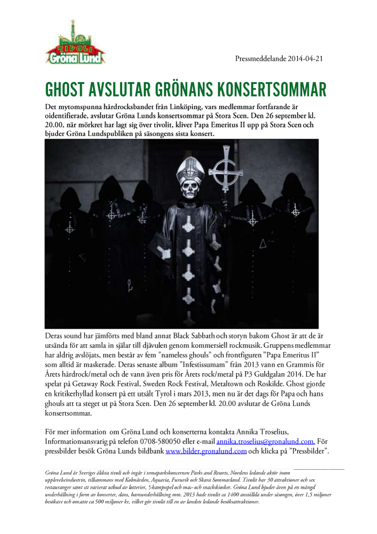 Ghost avslutar Grönans konsertsommar