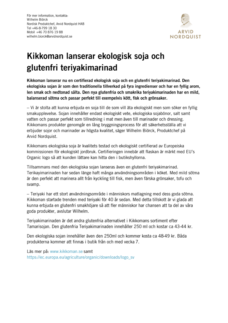 Kikkoman lanserar ekologisk soja och  glutenfri teriyakimarinad 